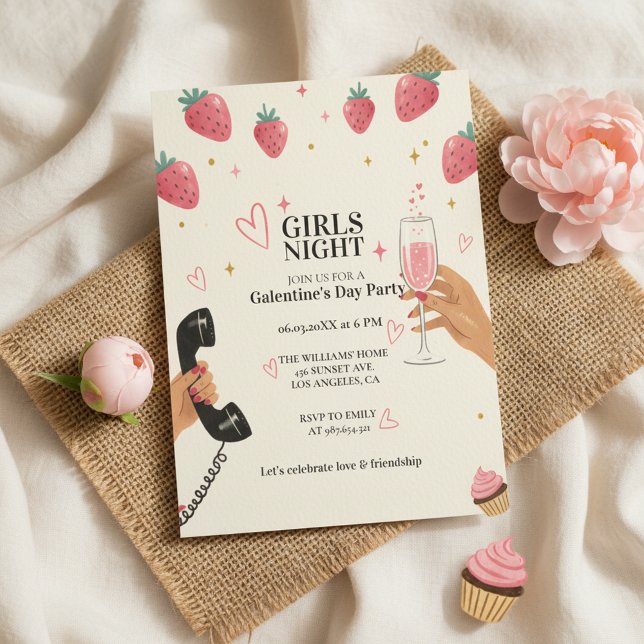 Invitation Strawberry Galentine's Girls Night Party  (Créateur téléchargé)