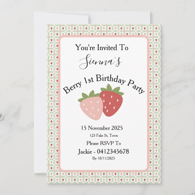 Invitation Strawberry Gingham First Birthday Party (Devant)