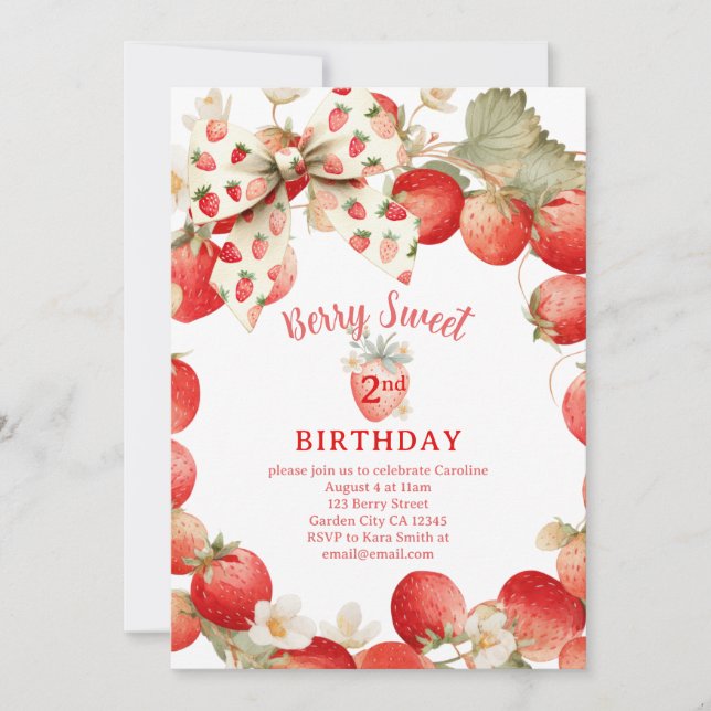 Invitation Strawberry Girls Berry Sweet Second Birthday (Devant)