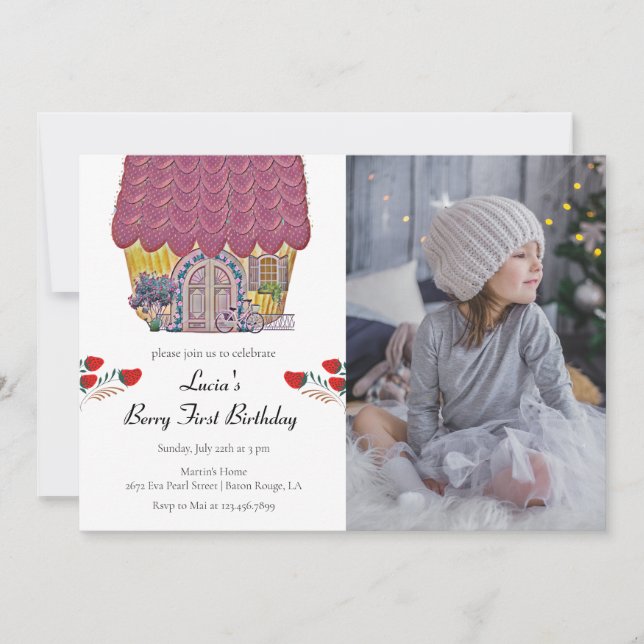 Invitation Strawberry House Berry Première fille 1er annivers (Devant)