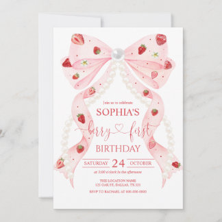 Invitation Strawberry Pink Bow Pearl 1st Birthday