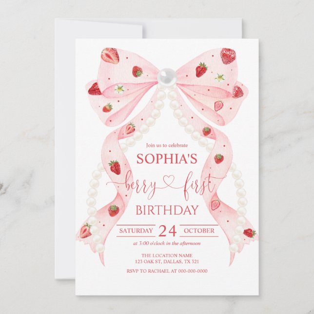 Invitation Strawberry Pink Bow Pearl 1st Birthday (Devant)