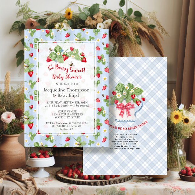 Invitation Strawberry So Berry Sweet Blue Gingham Boy Shower (Créateur téléchargé)