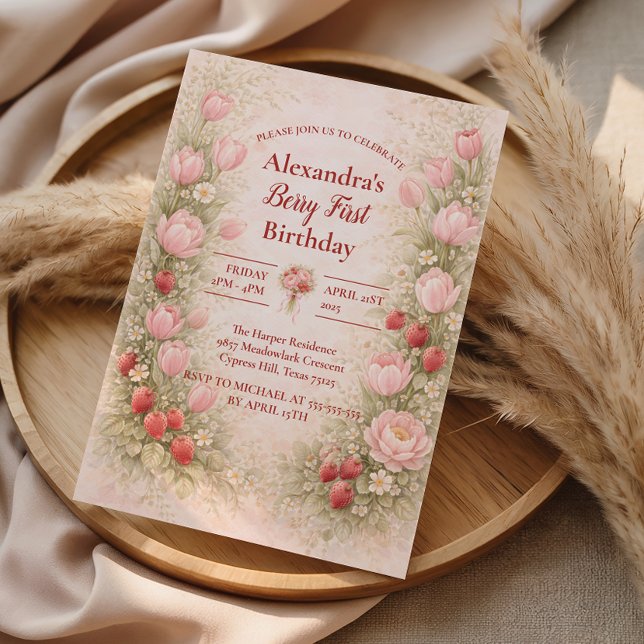 Invitation Strawberry Vintage Floral Theme 1st Birthday (Créateur téléchargé)