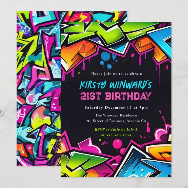 Invitation Street Art Graffiti Moderne pour 21e Anniversaire (Devant / Derrière)