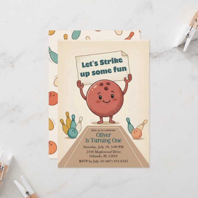 Invitation Strike Up Some Fun Bowling Party Boy 1st Birthday (Devant/Arrière en situation)