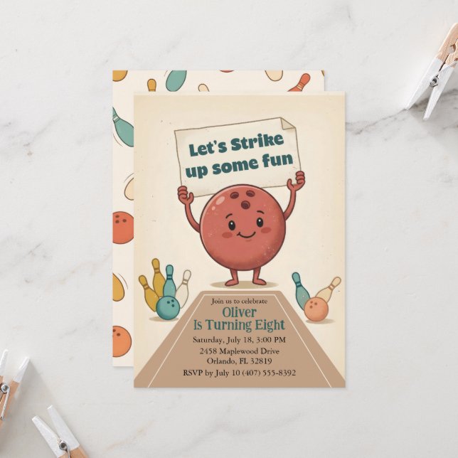 Invitation Strike Up Some Fun Bowling Party Boy 8th Birthday (Devant/Arrière en situation)