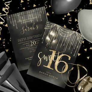 Invitation String Lights & Balloons Sweet 16 Black/Gold ID473