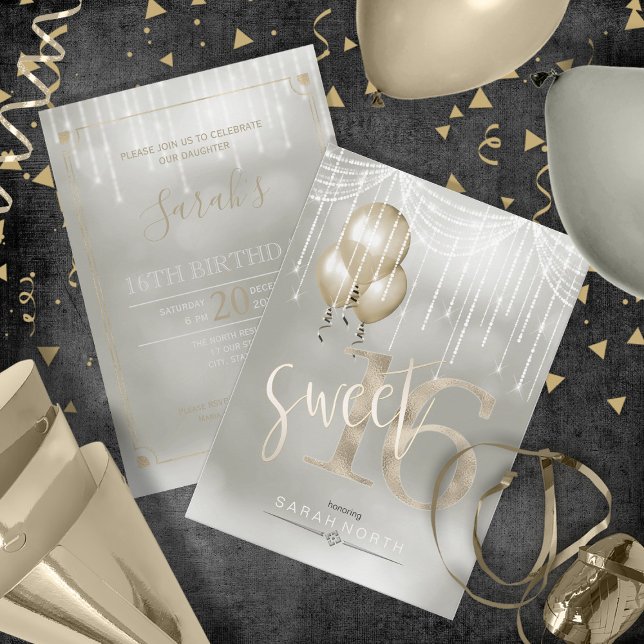 Invitation String Lights & Balloons Sweet 16 Champagne ID473 (Front/Back In Situ)