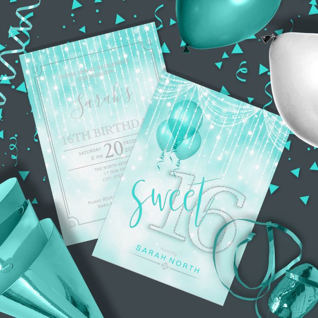 Invitation String Lights & Balloons Sweet 16 ID Turquoise473 (Front/Back In Situ)