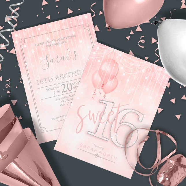 Invitation String Lights & Balloons Sweet 16 Rose Gold ID473 (Front/Back In Situ)