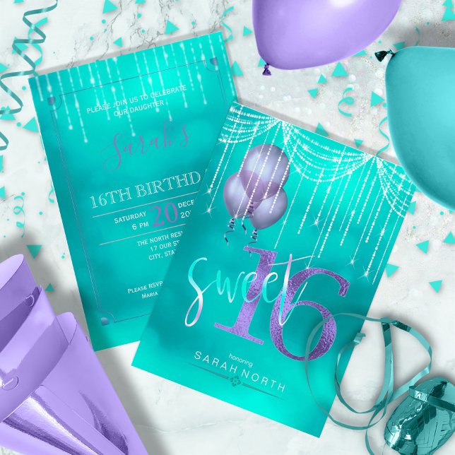 Invitation String Lights & Balloons Sweet 16 TealPurple ID473 (Back/Front In Situ)