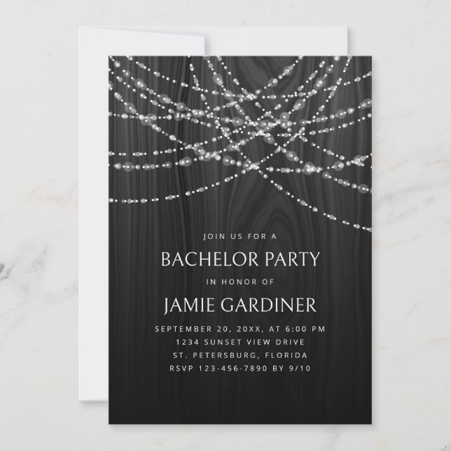 Invitation String Lights Black Wood Russe Bachelor Party (Devant)