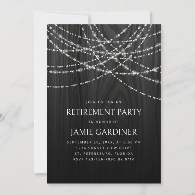 Invitation String Lights Black Wood Rustic Retraite Party (Devant)