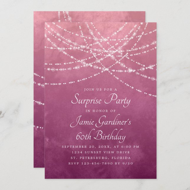 Invitation String Lights Dusty Rose rose Anniversaire (Devant / Derrière)