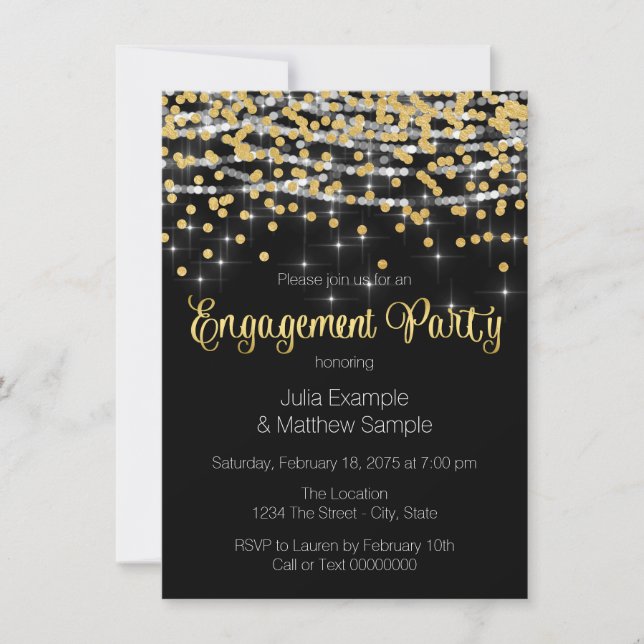 Invitation String Lights et Gold Confetti Engagement Party (Devant)