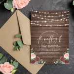 Invitation String Lights Eucalyptus & Burgundy Floral Wedding<br><div class="desc">An elegant collection with beautiful floral bouquets, rustic wood, and string lights paired with a modern calligraphy script and a classy serif font for spring, summer, or fall weddings. This design features a bouquet of blush pink and burgundy roses and peonies, with watercolor eucalyptus greenery over a rustic wood background....</div>