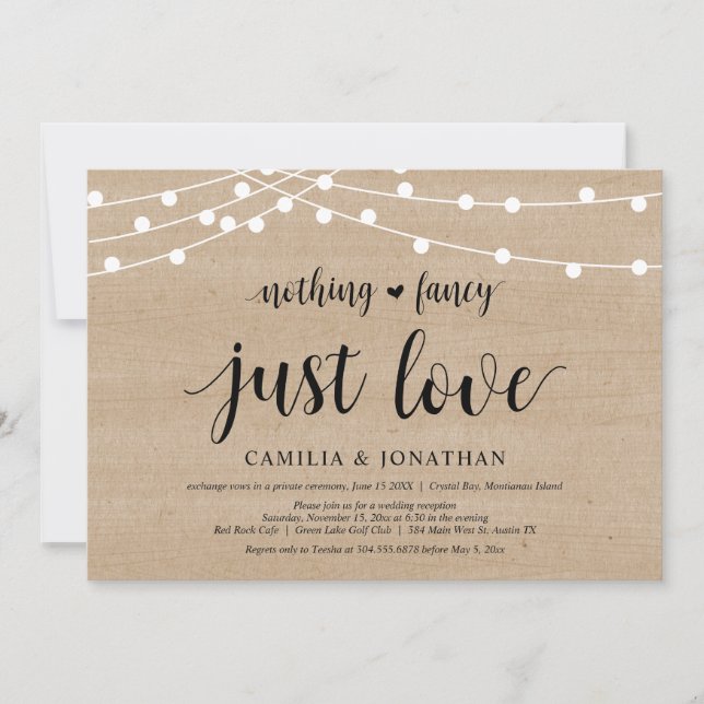 Invitation String Lights Farm Wood, Mariage Elopement Party (Devant)