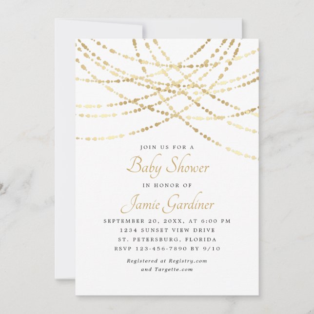 Invitation String Lights Gold Elegant Baby shower (Devant)
