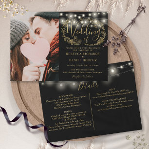 Invitation String Lights Gold Foliage Photo Détails du Mariag