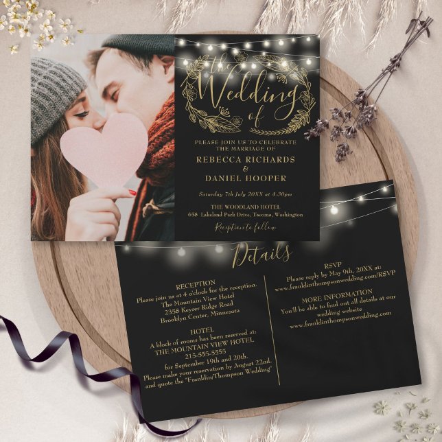 Invitation String Lights Gold Foliage Photo Détails du Mariag (String Lights Gold Foliage Photo Wedding Details Invitation)