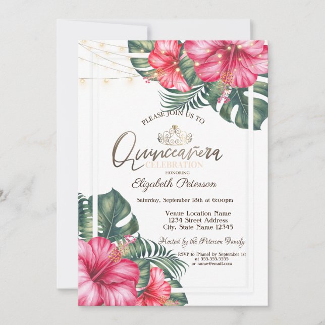 Invitation String Lights Hibuscus Summer Quinceañera (Devant)