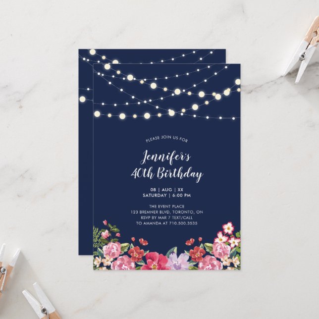 Invitation String Lights & Navy Floral Adulte fête d'annivers (Devant/Arrière en situation)