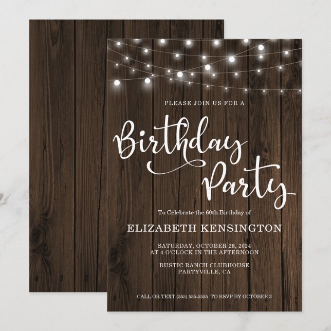 Invitation String Lights on Wood 60th Birthday Party (Devant / Derrière)