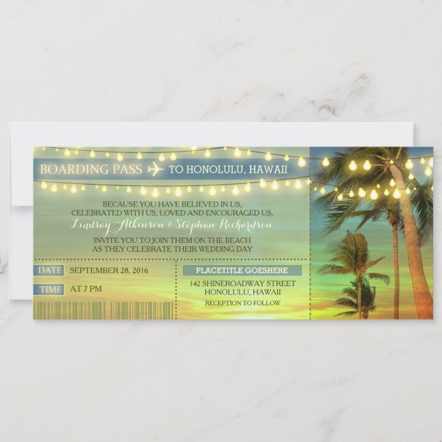 Invitation String Lights Palms Mariage Boarding Pass Billets (Devant)