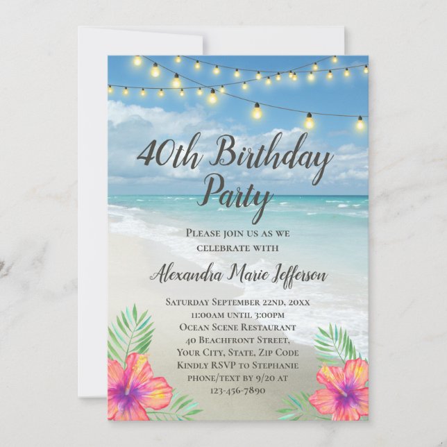 Invitation String Lights Tropical Luau Beach 40e anniversaire (Devant)