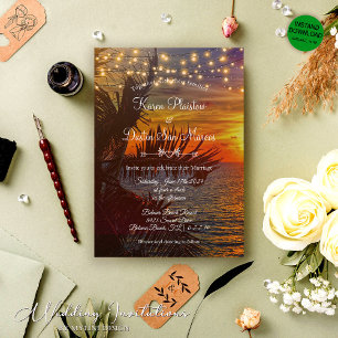 Invitation String Lights Tropical Palm Trees Beach Mariage