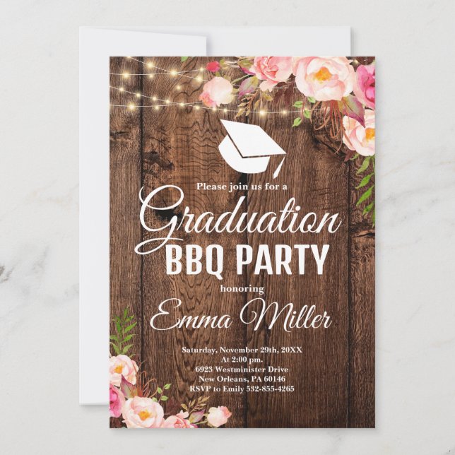 Invitation String Lights Wood Graduation BBQ Party (Devant)