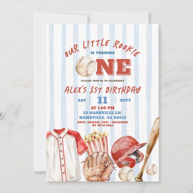 Invitation Stripe Boy Baseball Rookie Game Premier Anniversai (Devant)