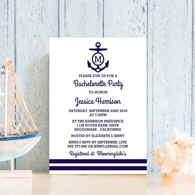 Invitation Stripe Monogramme Ancre Naissance Marin Bacheloret (Créateur téléchargé)