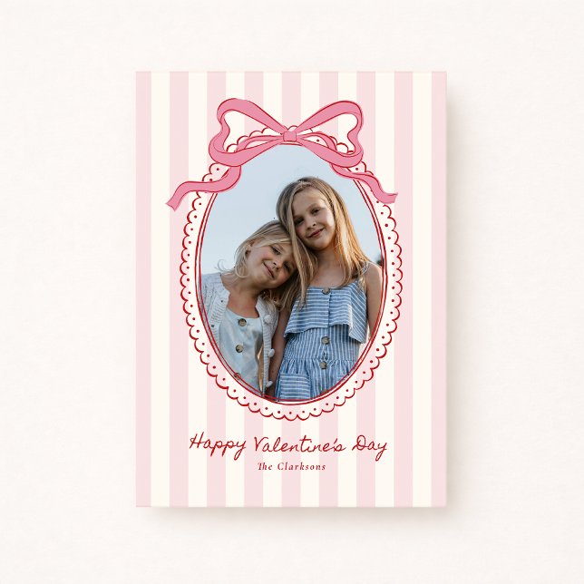 Invitation Striped Bright Pink Bow Valentine’s Day Photo Card (Créateur téléchargé)