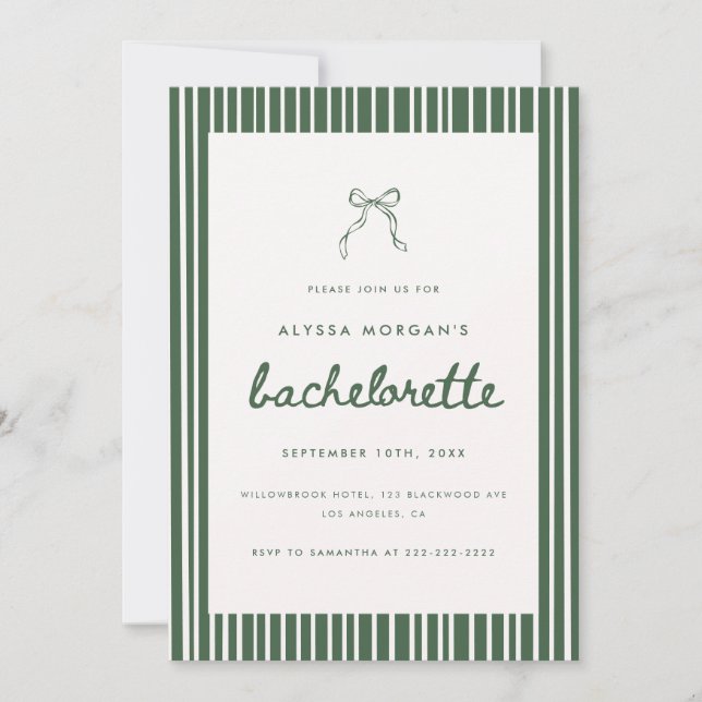 Invitation Striped Olive Green Coquette Bow Bachelorette (Devant)