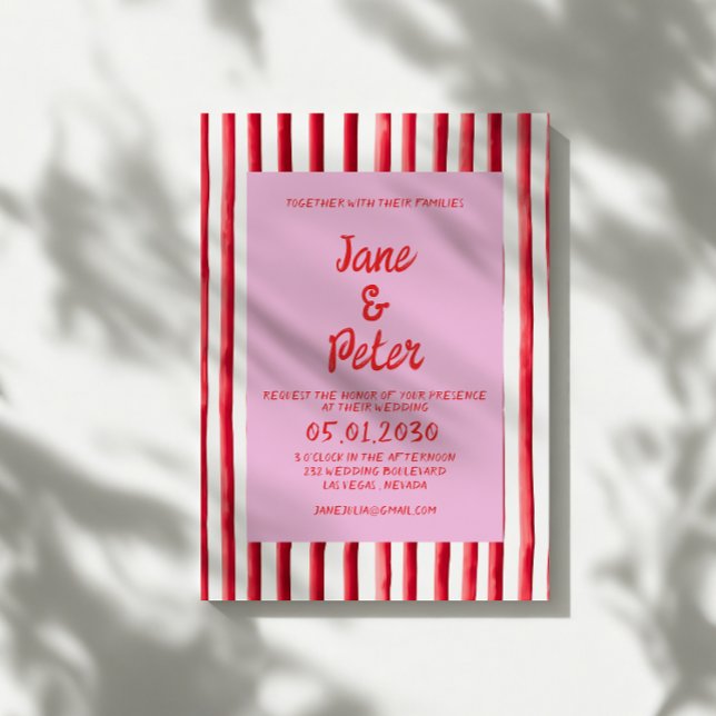 Invitation Striped Pink & Red Handwriting Wedding (Créateur téléchargé)
