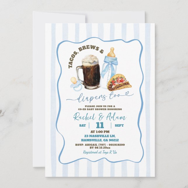 Invitation Stripes Blue Tacos Brews and Baby Baby shower (Devant)