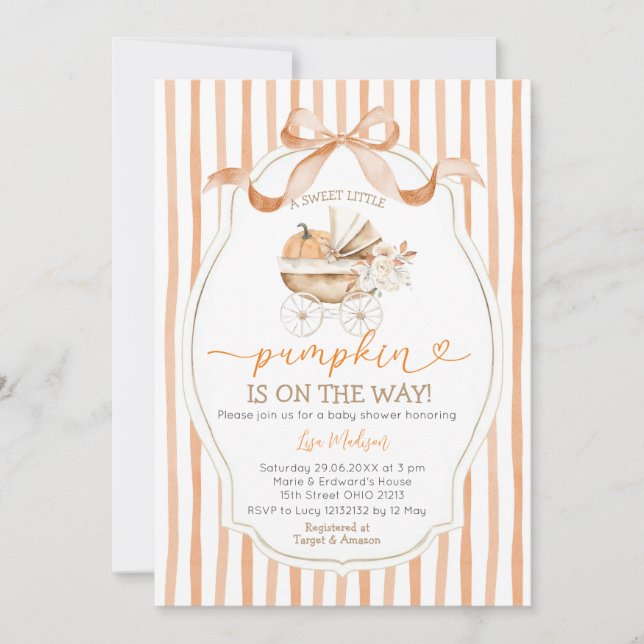 Invitation Stripes Bow Sweet Petit Baby shower Citrouille (Devant)