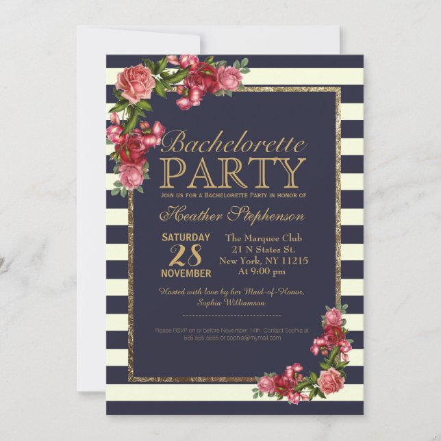 Invitation Stripes de la Marine rose et Gold Bachelorette Par (Devant)