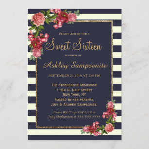 Invitation Stripes de la Marine rose et Gold Sweet 16 Invitat