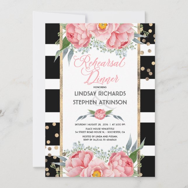 Invitation Stripes Gold Confetti Pink Floral Rehearer Dîner (Devant)