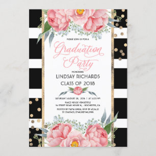 Invitation Stripes, Gold et Fleurs roses Graduation Party