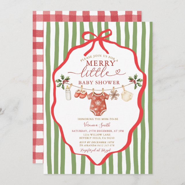 Invitation Stripes Green Clothesline Merry Little Baby Shower (Devant / Derrière)