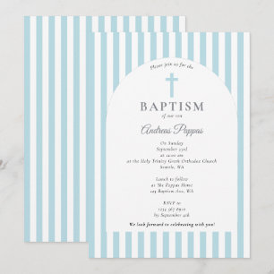 Invitation Stripes Moderne Baptême Baptême Bleu Dusty Garçon