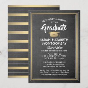 Invitation Stripes modernes noir Chalkboard & Gold Graduation