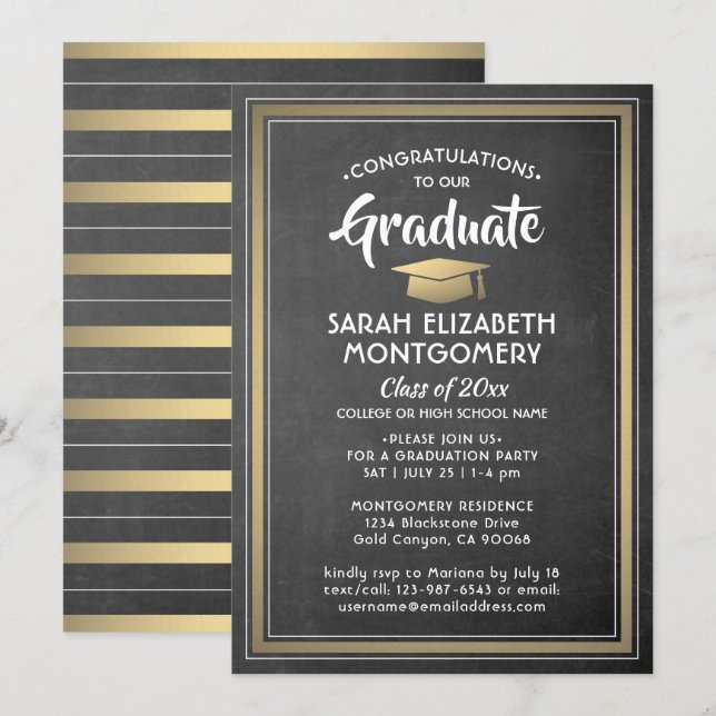 Invitation Stripes modernes noir Chalkboard & Gold Graduation (Devant / Derrière)