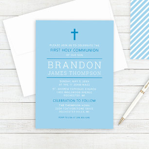 Invitation Stripes modernes Sky Blue Première communion pour