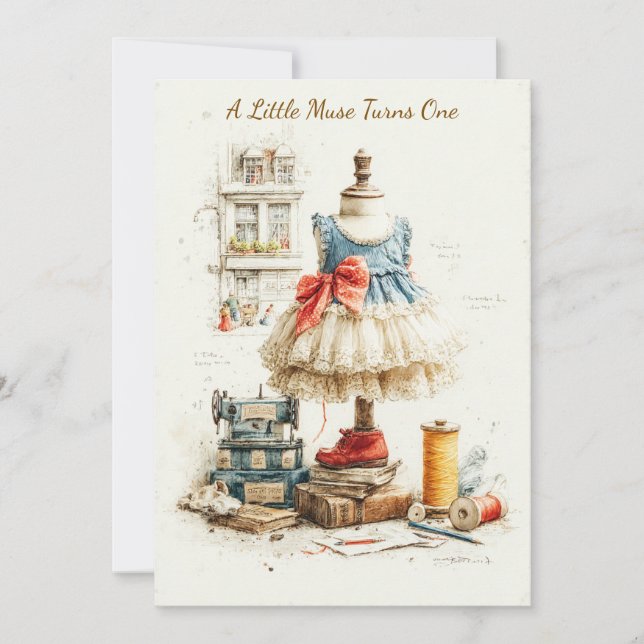 Invitation Studio de couture et robe Shabby Chic pour 1er ann (Devant)