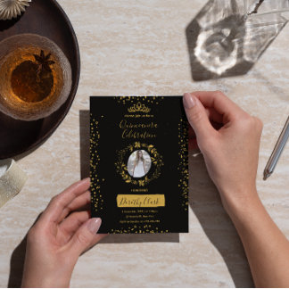 Invitation Stunning Black and Gold Watercolor Quinceañera